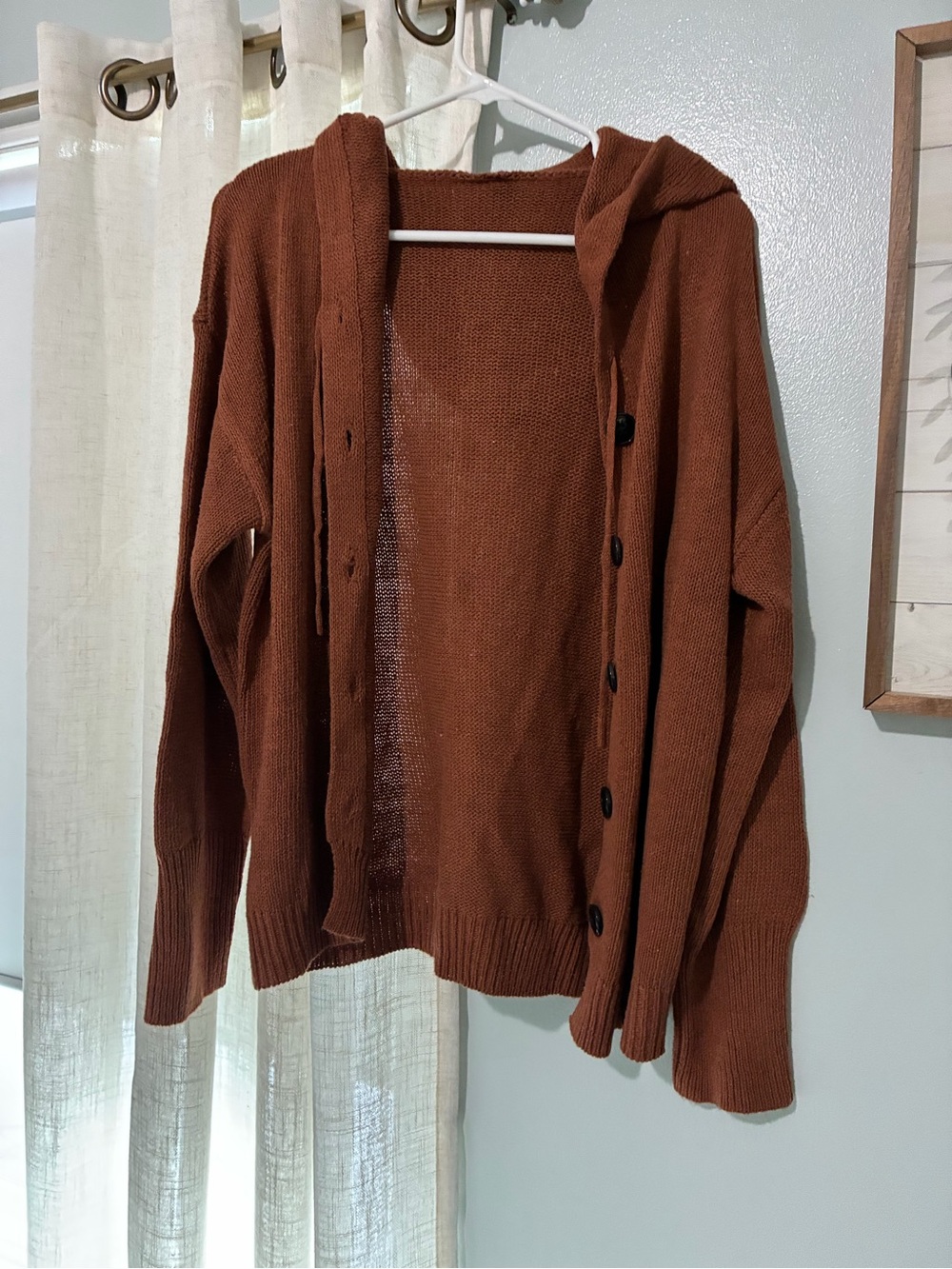 Rust Brown Hooded Button-Front Sweater Cardigan